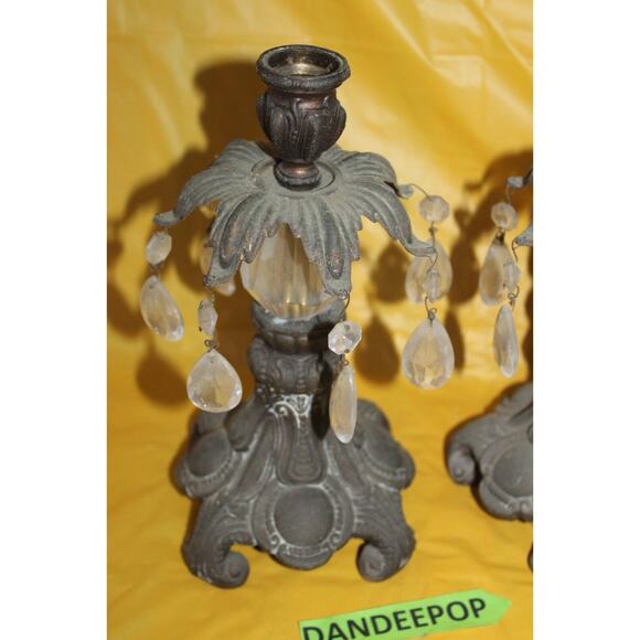 Vintage Pair Of Cast Metal Teardrop Crystals And Prizm Candle Stick Holders - Picture 2 of 12